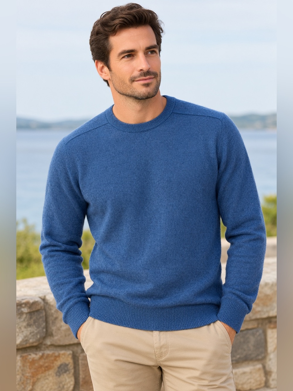 Larrimor's Mens 100% Cashmere Knit Crewneck Pullover Sweater Blue XL
